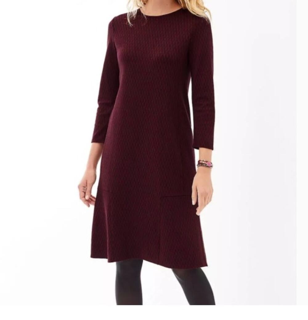 J. Jill Seamed Ponte Knit Diamond Pattern Dress XS Bordeaux Maroon 3/4 Sleeve